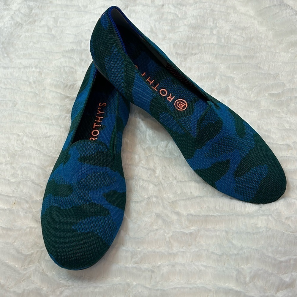 Rothy’s classic lounge loafer round toe teal green camo slip on shoes women’s 10